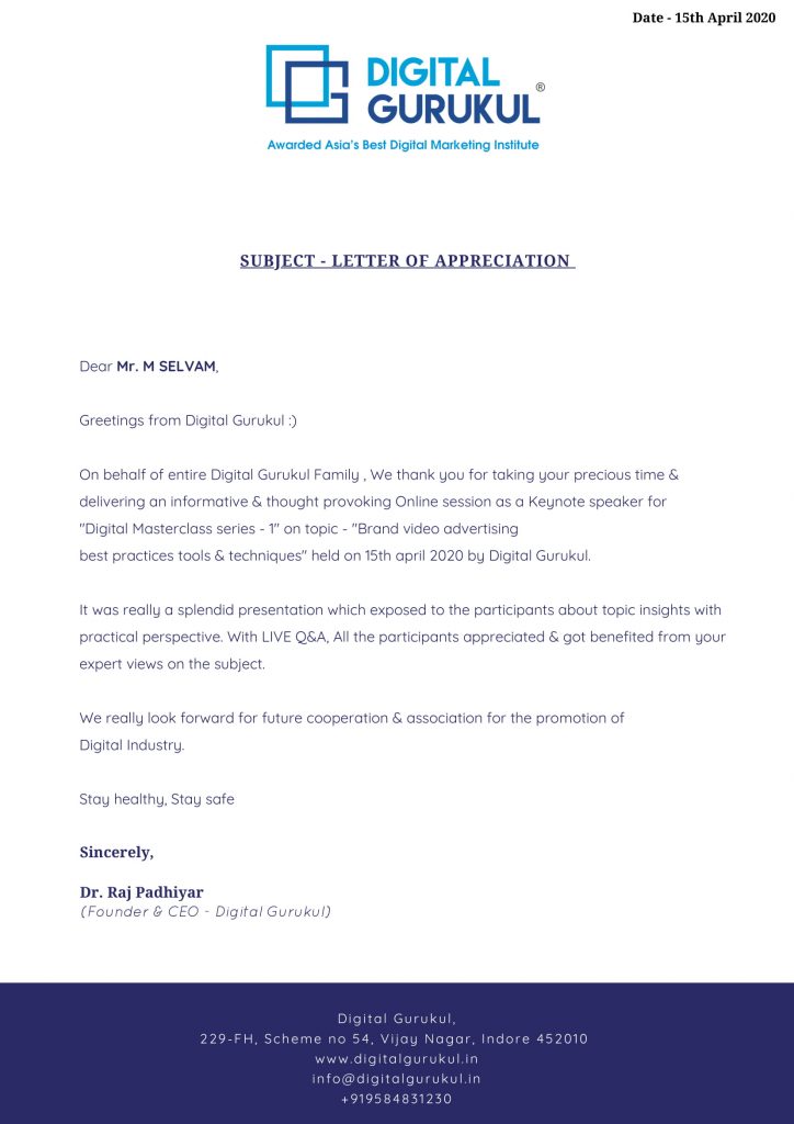 Letter of Appreciation to shortfundly from digitalgurukul