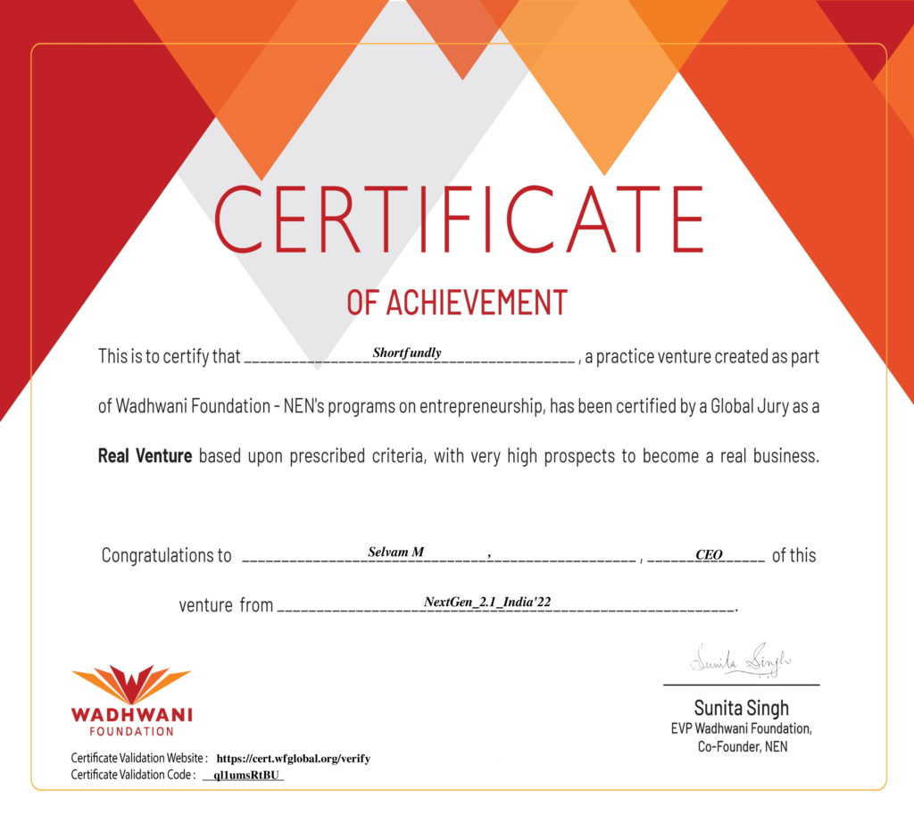 NEN Wadhwani Foundation Certificate to shortfundly