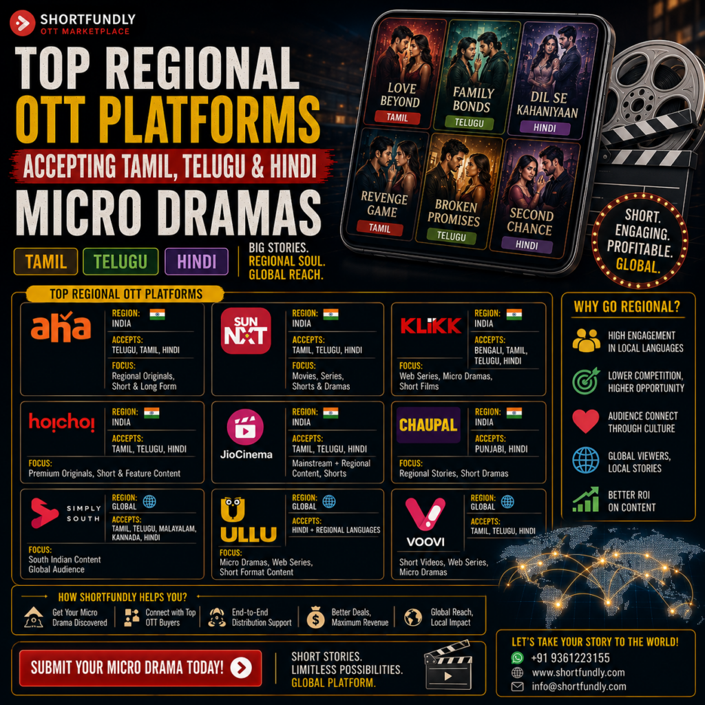 Top Regional OTT Platforms Accepting Tamil, Telugu & Hindi Micro Dramas in 2026: The Complete Distribution Guide 2 Top Regional OTT Platforms Accepting Tamil Telugu Hindi Micro Dramas